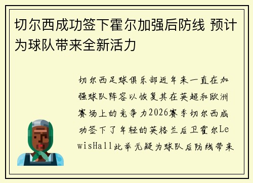 切尔西成功签下霍尔加强后防线 预计为球队带来全新活力